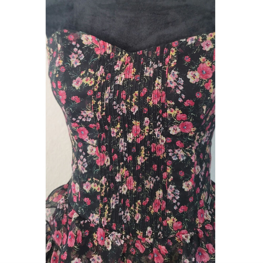 Vintage 90s Black Floral Cottage Strapless Corset Dress Tiered Chiffon Ruffles 5 - Picture 3 of 8